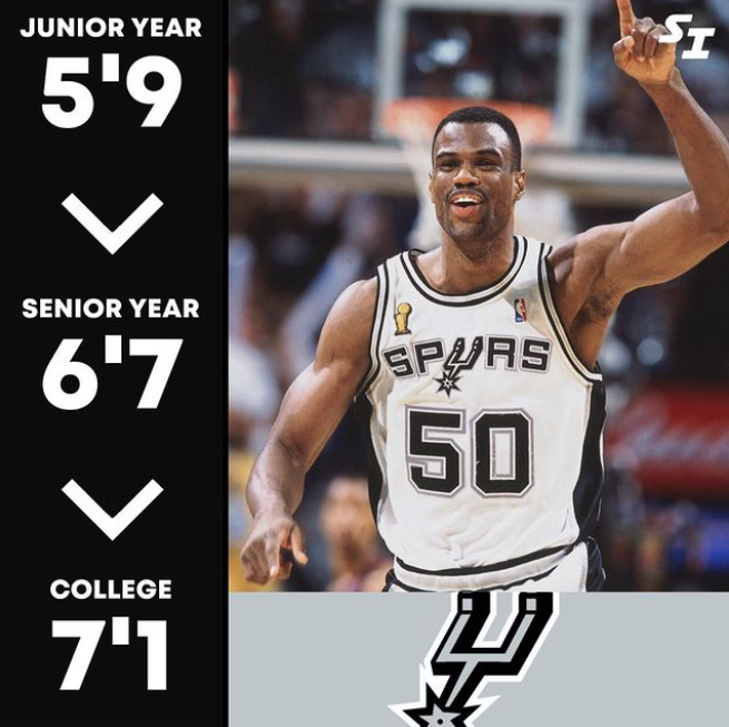 David Robinson biggest growth spurt ever from 5'9 in high school to 7'1 in college